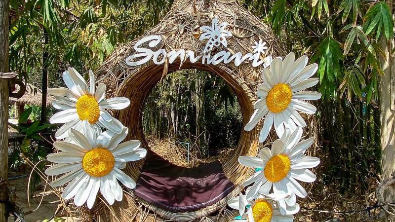 Круглое декоративное зеркало из плетеной лозы с надписью "Somtiani" и искусственными белыми ромашками с желтыми сердцевинами. На заднем плане видна густая зеленая листва тропических растений.