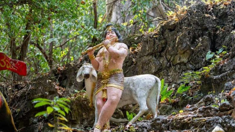 Скульптура божества с трубой на плече и белая корова в лесу у скалы
