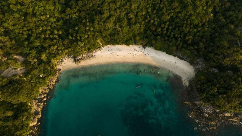Небольшой пляж в лесистой бухте сверху, бирюзовая вода и купающиеся у берега