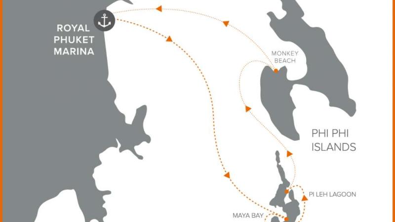 Схема маршрута яхты HYPE: Royal Phuket Marina, Майя Бэй, лагуна Пиле, пляж обезьян