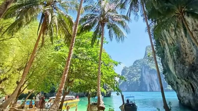 Остров Лао Ладинг в Краби: пальмы на пляже, отвесная скала и лодки у берега