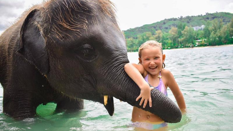 Девочка обнимает хобот слонёнка в море — купание со слонами на пляже Lucky Beach