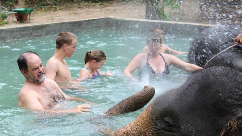 Купание со слонами в бассейне слоновника Kok Chang Safari у Карона