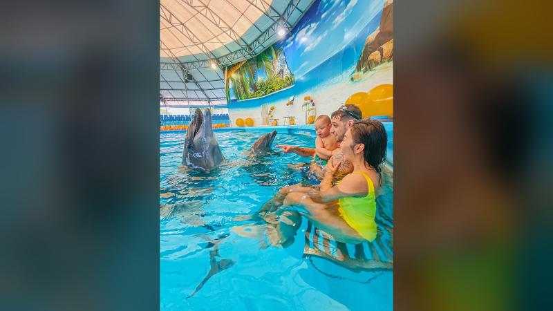 Семья с ребёнком в воде рядом с дельфинами — плавание в дельфинарии Dolphins Bay Phuket