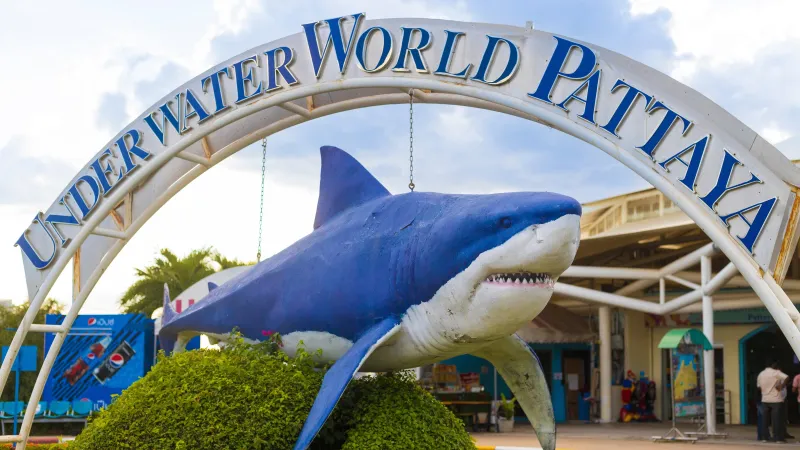 Вход в океанариум Underwater World Pattaya со скульптурой акулы