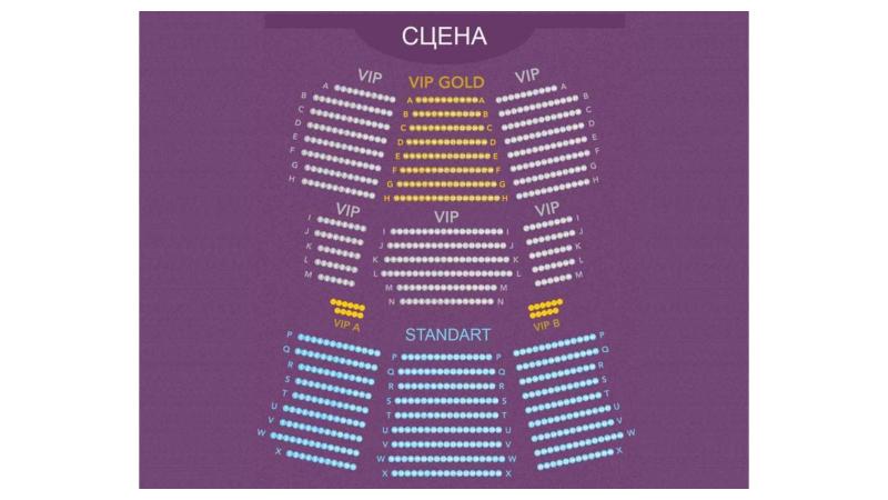 Схема зала шоу Тиффани: места Standard, VIP и VIP Gold