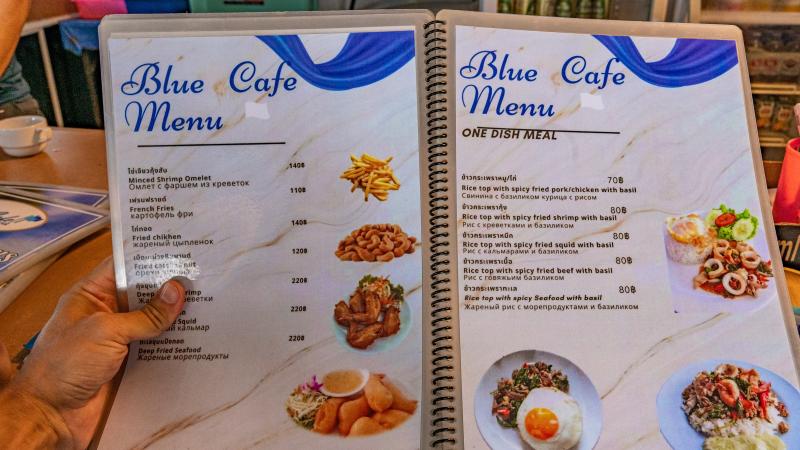 Меню Blue Cafe на пляже Сай Кео