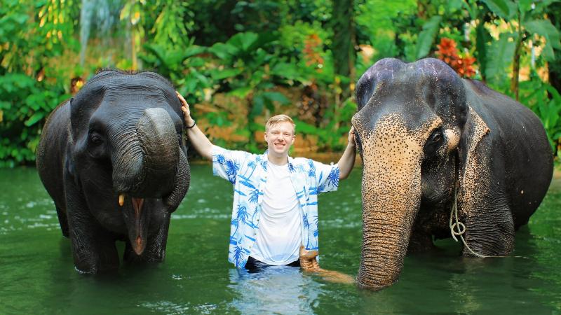 Турист стоит в воде между двумя слонами — купание со слонами в лагере
