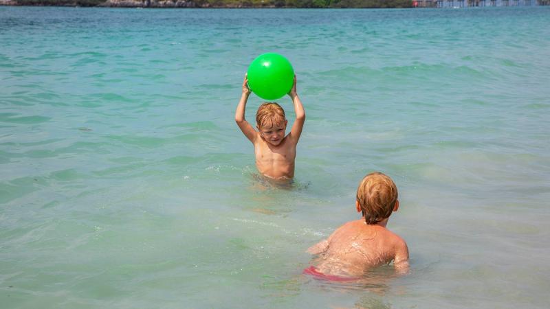 Два мальчика купаются в мелкой воде бирюзового моря. Один мальчик держит над головой ярко-зеленый надувной мяч, а второй плывет к нему. На заднем плане видна береговая линия.