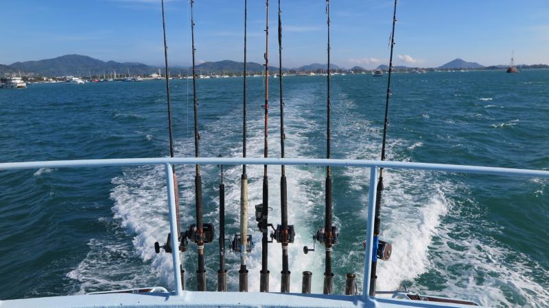 Судно движется по морю, оставляя за собой пенный след. На корме установлены несколько удочек с катушками, закреплённых в держателях. На горизонте видны береговая линия с горами и другие лодки.